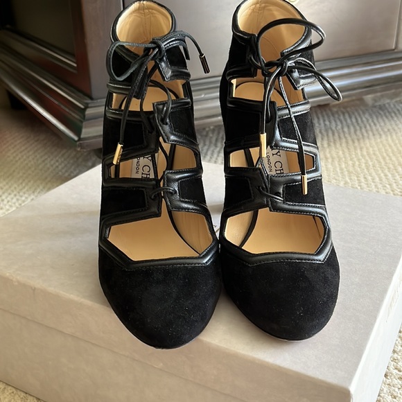 Jimmy Choo suede nappa black lace up heals size 5.5 - Picture 1 of 9